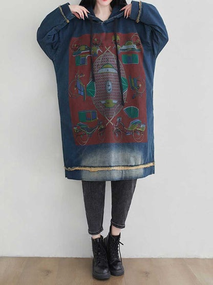 Hooded Drawstring Frayed Hem Graphic Print Oversized Sweatshirt Midi Dress