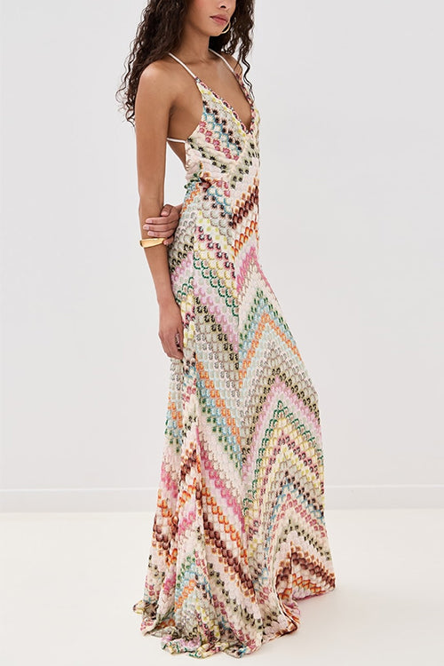 V Neck Open Back Colorful Print Maxi Dress
