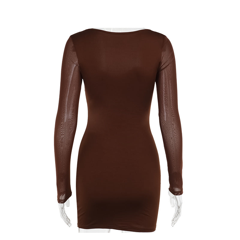 Wide Scoop Neck Lace Trim Underwire Bustier Mesh Sleeve Bodycon Mini Dress