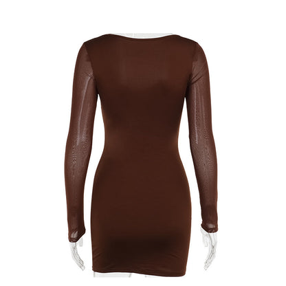 Wide Scoop Neck Lace Trim Underwire Bustier Mesh Sleeve Bodycon Mini Dress