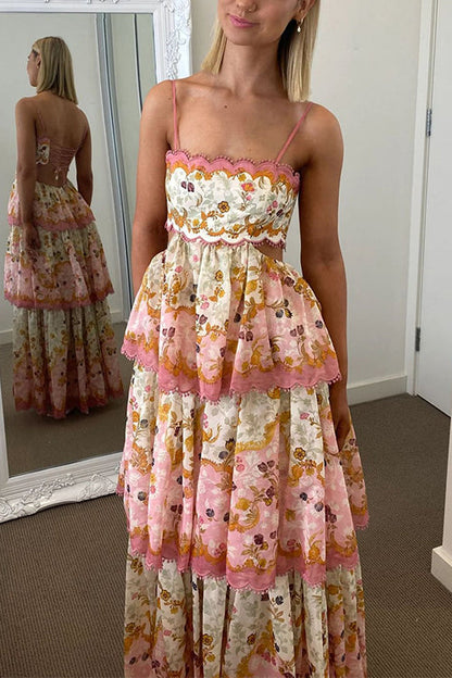 Spaghetti Strap Back Lace-up Ruffle Layered Floral Print Maxi Dress