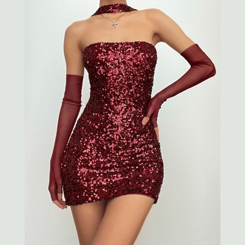 Sequin Strapless Tube Mesh Gloves Choker Backless Mini Dress