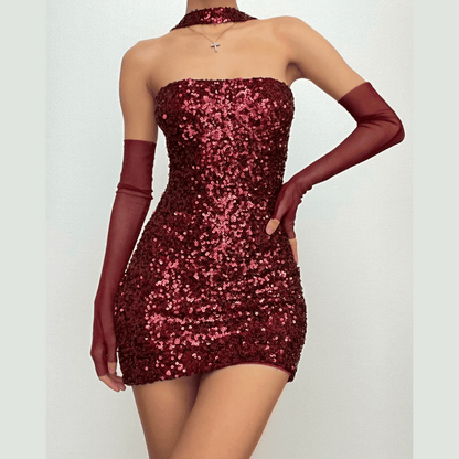 Sequin Strapless Tube Mesh Gloves Choker Backless Mini Dress
