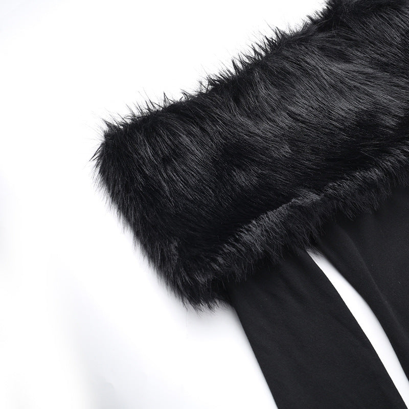 Off Shoulder Faux Fur Trim Long Sleeve Bodycon Maxi Dress