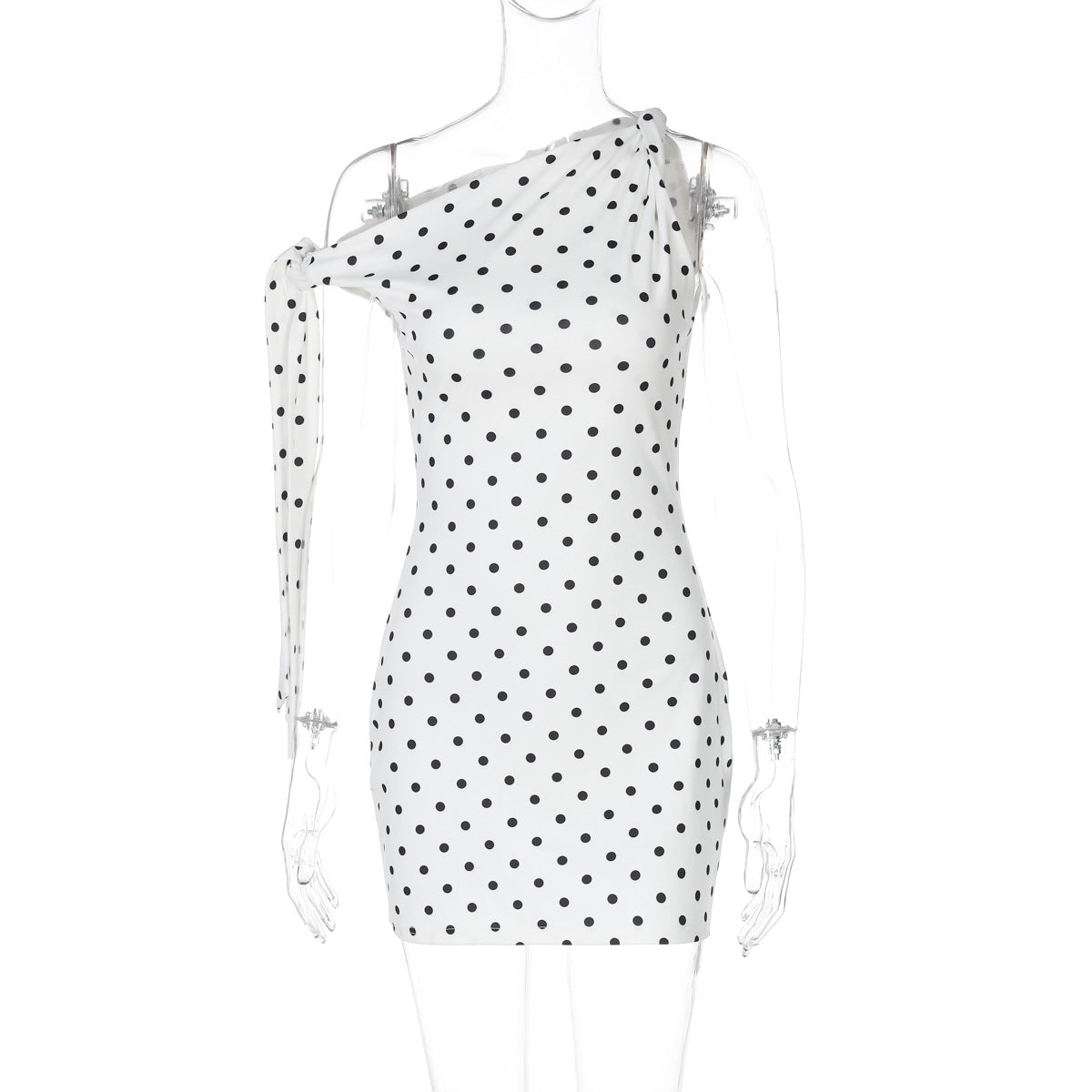 One Shoulder Tie Bow Sleeve Polka Dot Bodycon Mini Dress