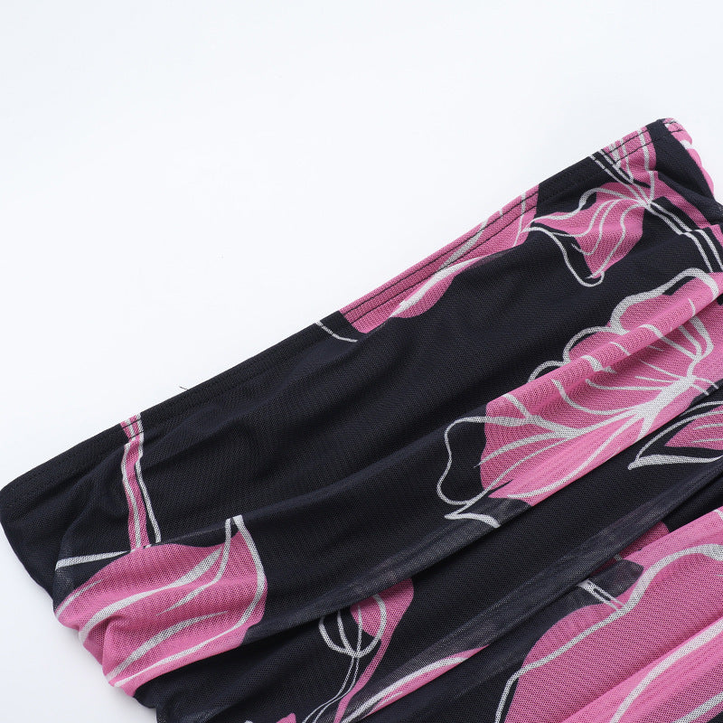 Strapless Ruched Floral Print Column Maxi Dress