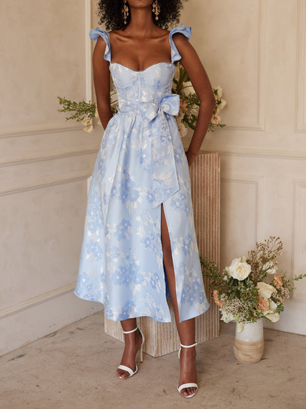 Floral Jacquard Ruffle Strap Bow Waist High Slit Midi Dress
