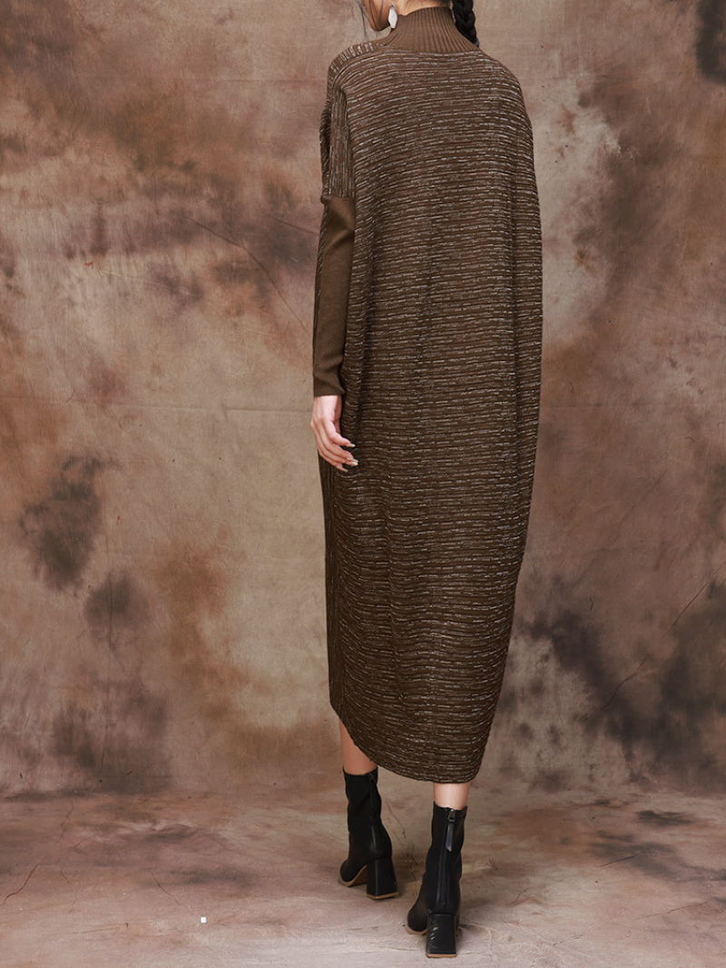 Mock Neck Batwing Sleeve Diagonal Rib Asymmetrical Hem Oversized Midi Sweater Dress
