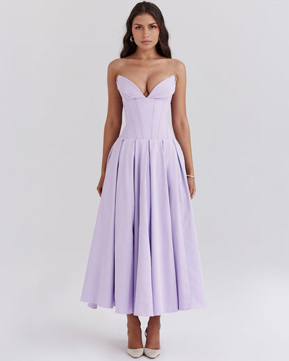 Strapless Corset Sweetheart Neckline Box Pleat A-Line Midi Dress