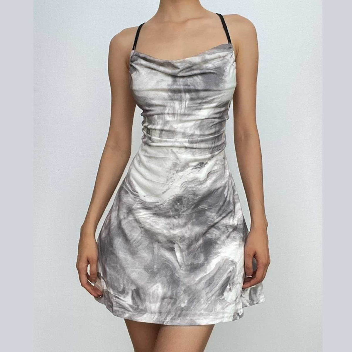 Marble Tie Dye Print Cowl Neck Spaghetti Strap Side Ruched Cami Mini Dress