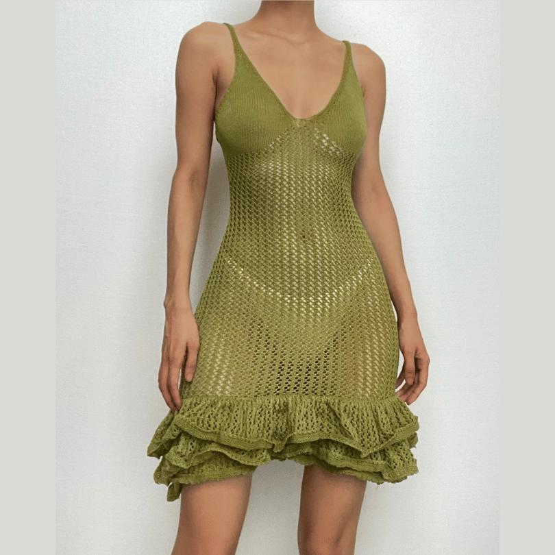 Spaghetti Strap V-Neck Crochet Pointelle Ruffle Lettuce Hem Mini Dress