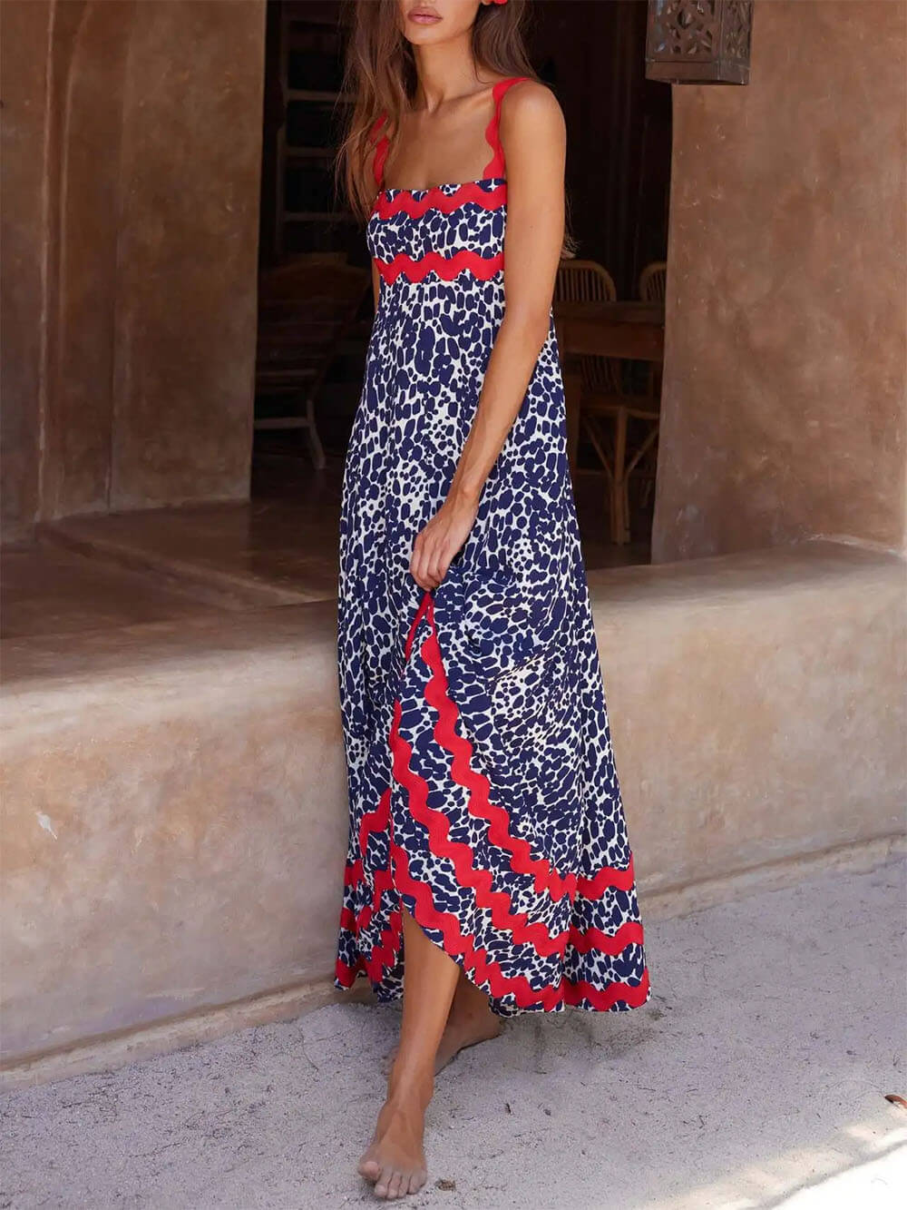 Print Scalloped Trim Square Neck Sleeveless Maxi Dress