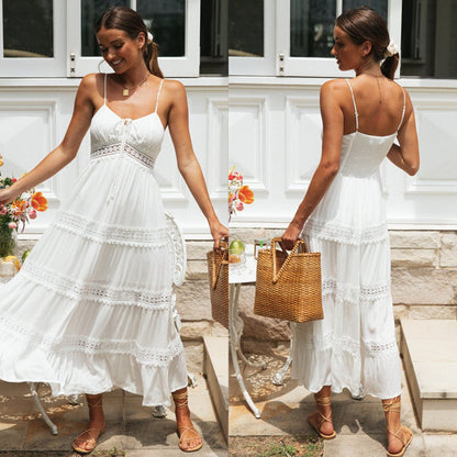 Spaghetti Strap Lace Trim Tie Front Smocked Back Tiered Maxi Dress