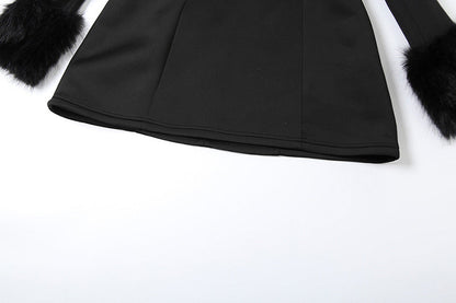 Off Shoulder Faux Fur Trim Long Sleeve A-Line Mini Dress