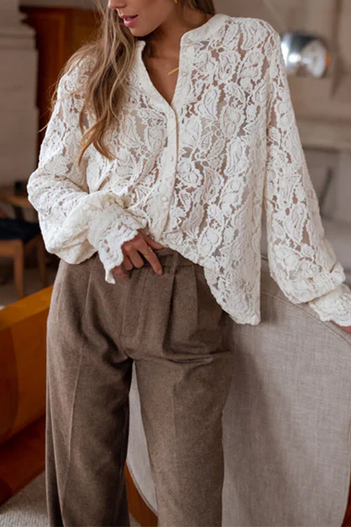 Ruffle Long Sleeves Button Up Lace Shirt