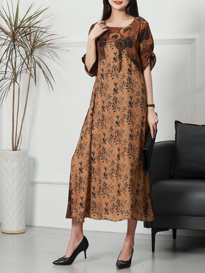 Round Neck Three Quarter Sleeve Floral Print Relaxed Midi Dress