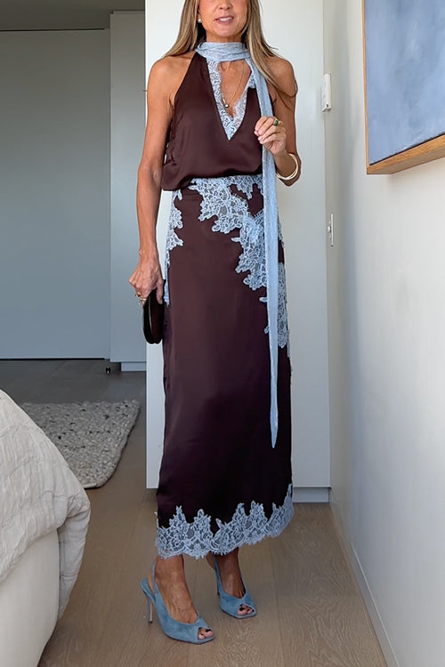 Sleeveless V Neck Lace Trim Satin Scarf Top