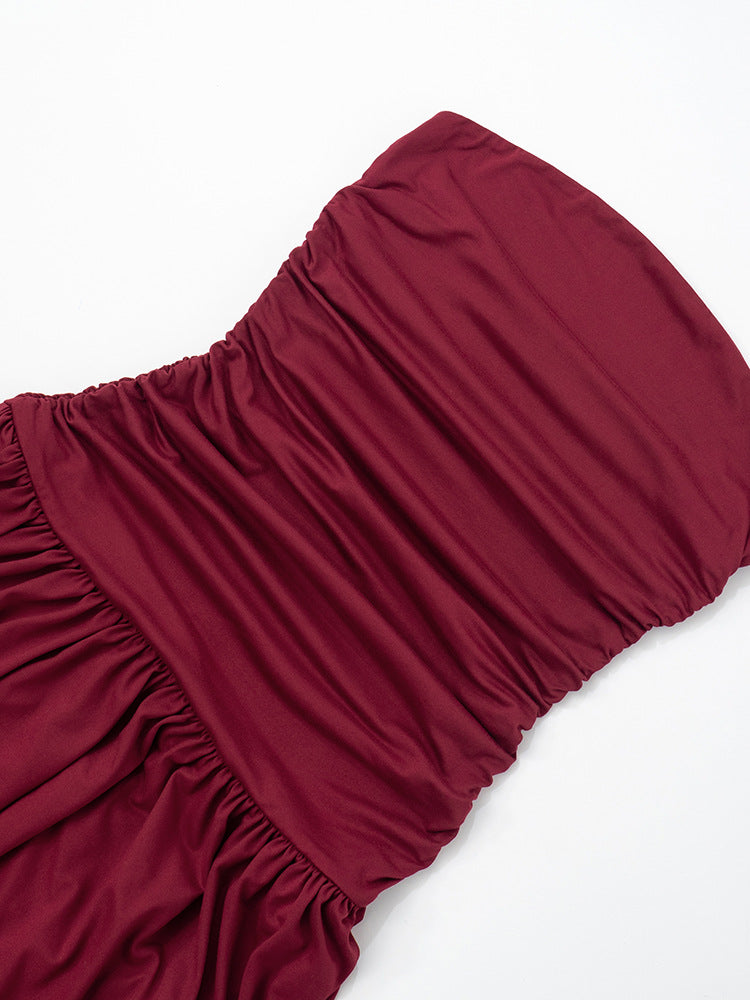 Strapless Ruched Bodice Pleated Drop Waist Maxi Dress