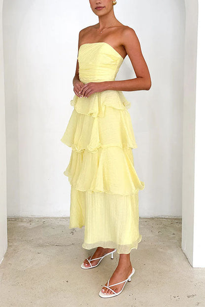 Strapless Empire Waist Ruffle Layered Maxi Dress
