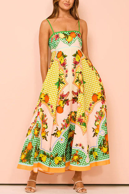 Spaghetti Strap Square Neck Illustrative Print Empire Waist Midi Dress