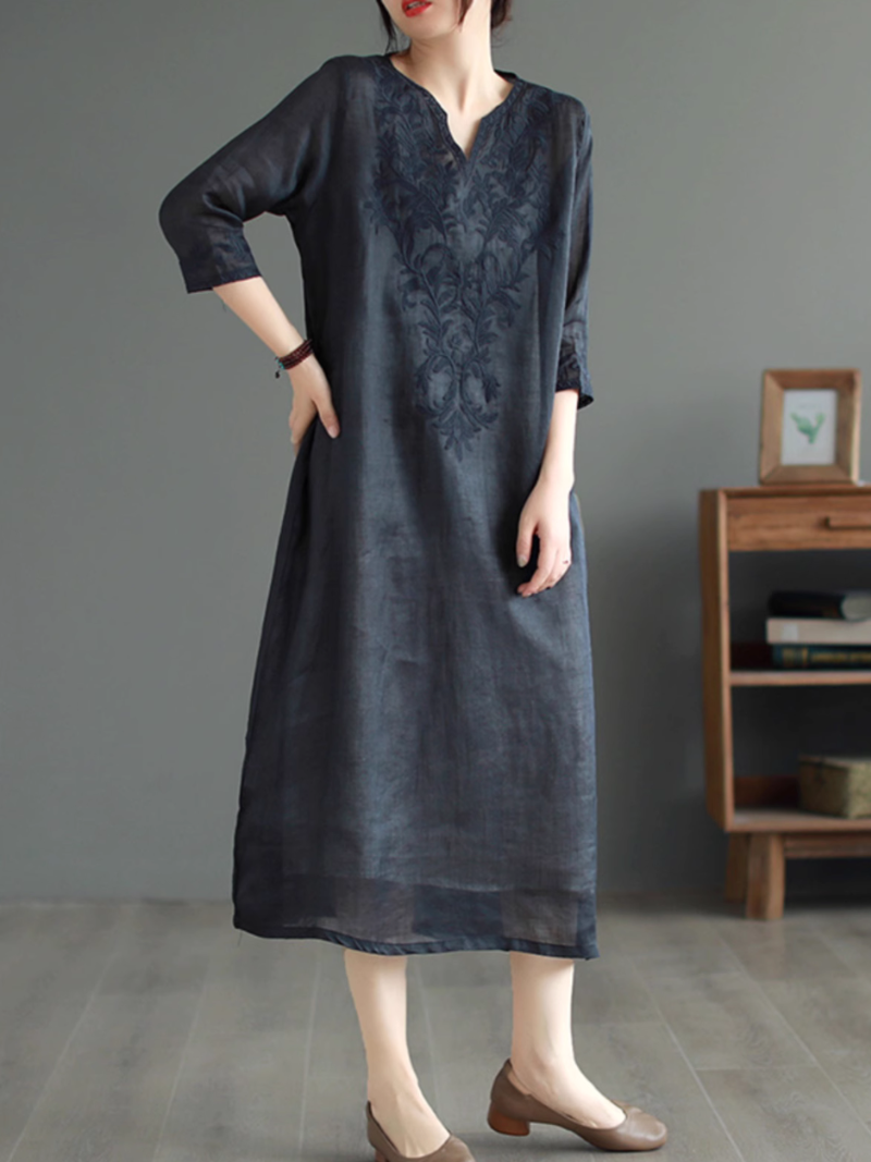 V Neck Long Sleeve Embroidered Floral Linen Midi Dress