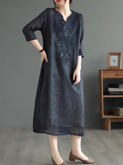 V Neck Long Sleeve Embroidered Floral Linen Midi Dress
