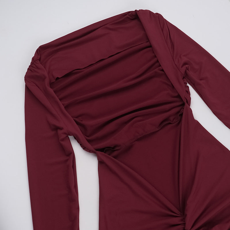 Long Sleeve Backless Ruched Column Maxi Gown