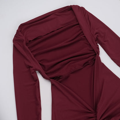 Long Sleeve Backless Ruched Column Maxi Gown
