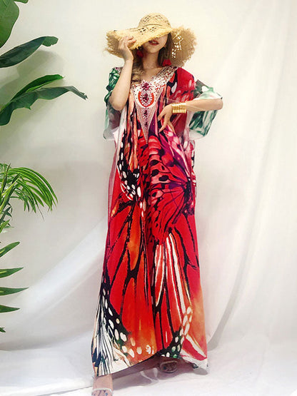 Spaghetti Strap Butterfly Print Tiered Ruffle Maxi Dress