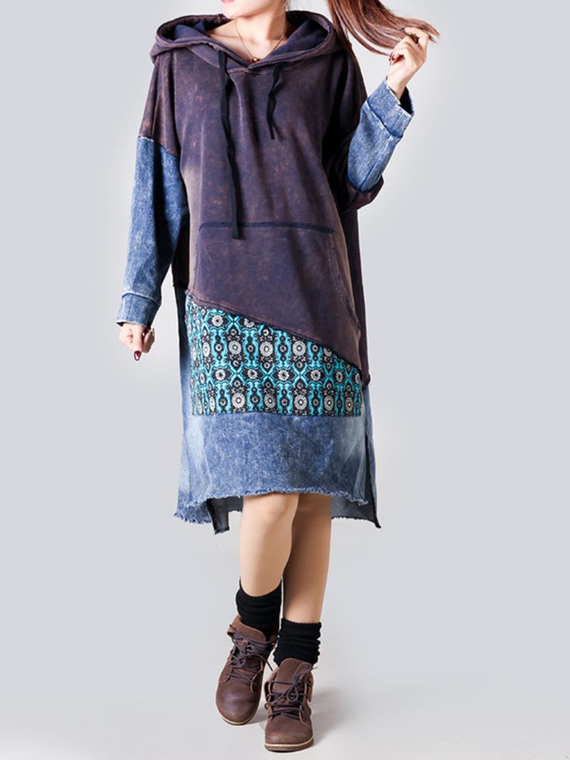 Hooded Long Sleeve Patchwork Denim Jersey Mixed Media High Low Midi Dress