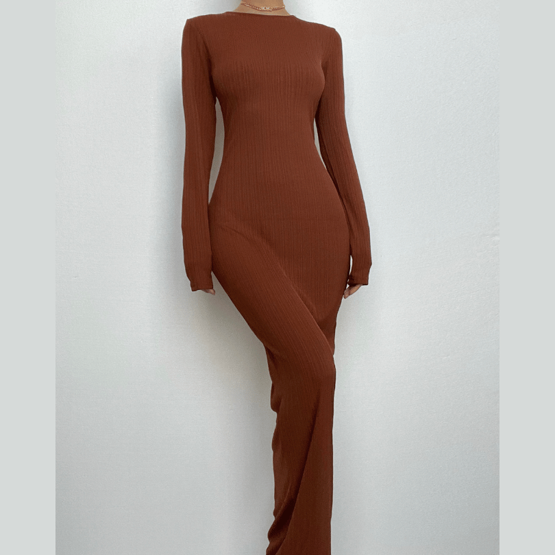 Ribbed Knit Crew Neck Long Sleeve Bodycon Maxi Dress
