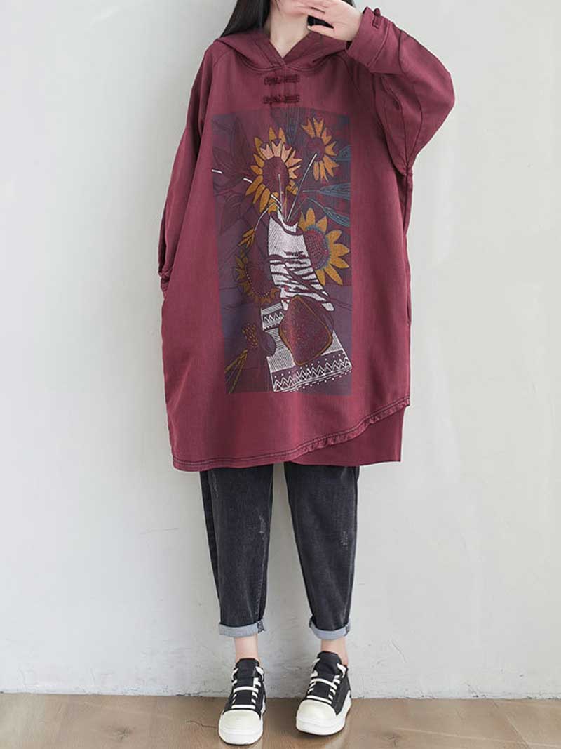 Frog Button Hood Sunflower Print Oversized Sweatshirt Dress