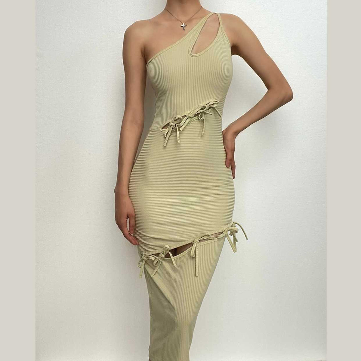 Ribbed One Shoulder Cutout Self Tie Bow Detail Midi Dress