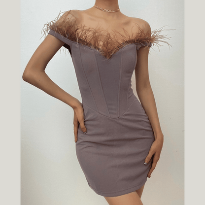 Off-Shoulder Feather Trim Corset Bodice Zip Back Bodycon Mini Dress