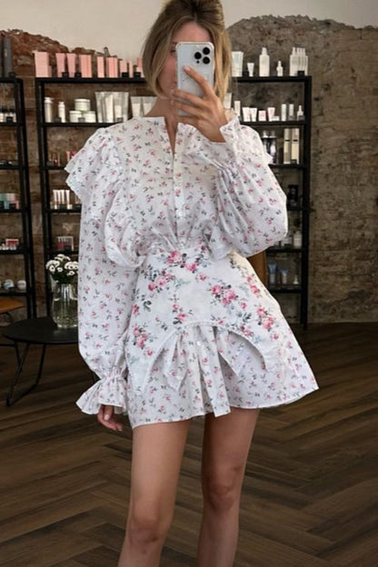 White Long Sleeve Ruffle Trim Detachable Belt Mini Floral Print Dress