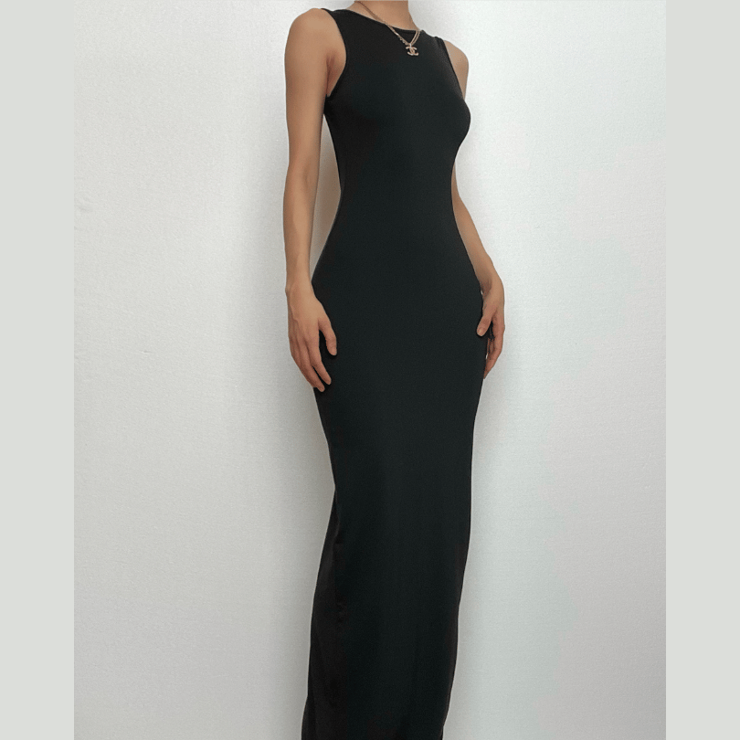 Wide Strap Deep Scoop Back Vent Column Maxi Dress