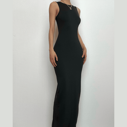 Wide Strap Deep Scoop Back Vent Column Maxi Dress