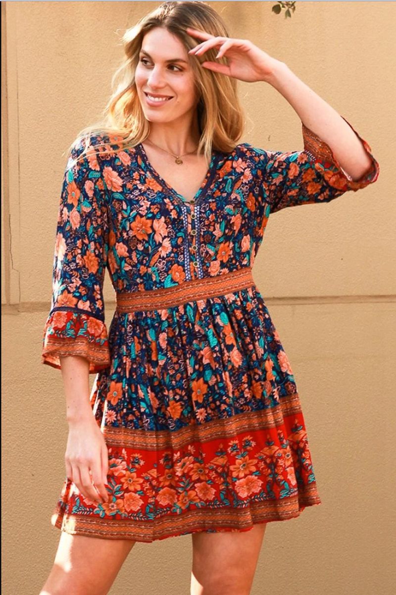 Collared Button Front Tassel Trim Geometric Print Shirt Dress