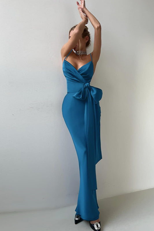 V-Neck Bow Tie Waist-Cinched Bodycon Party Dress
