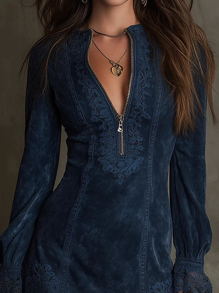 Zip Front Floral Embroidered Lace Cuff Suede Mini Dress