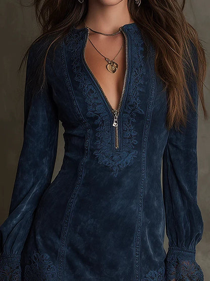 Zip Front Floral Embroidered Lace Cuff Suede Mini Dress