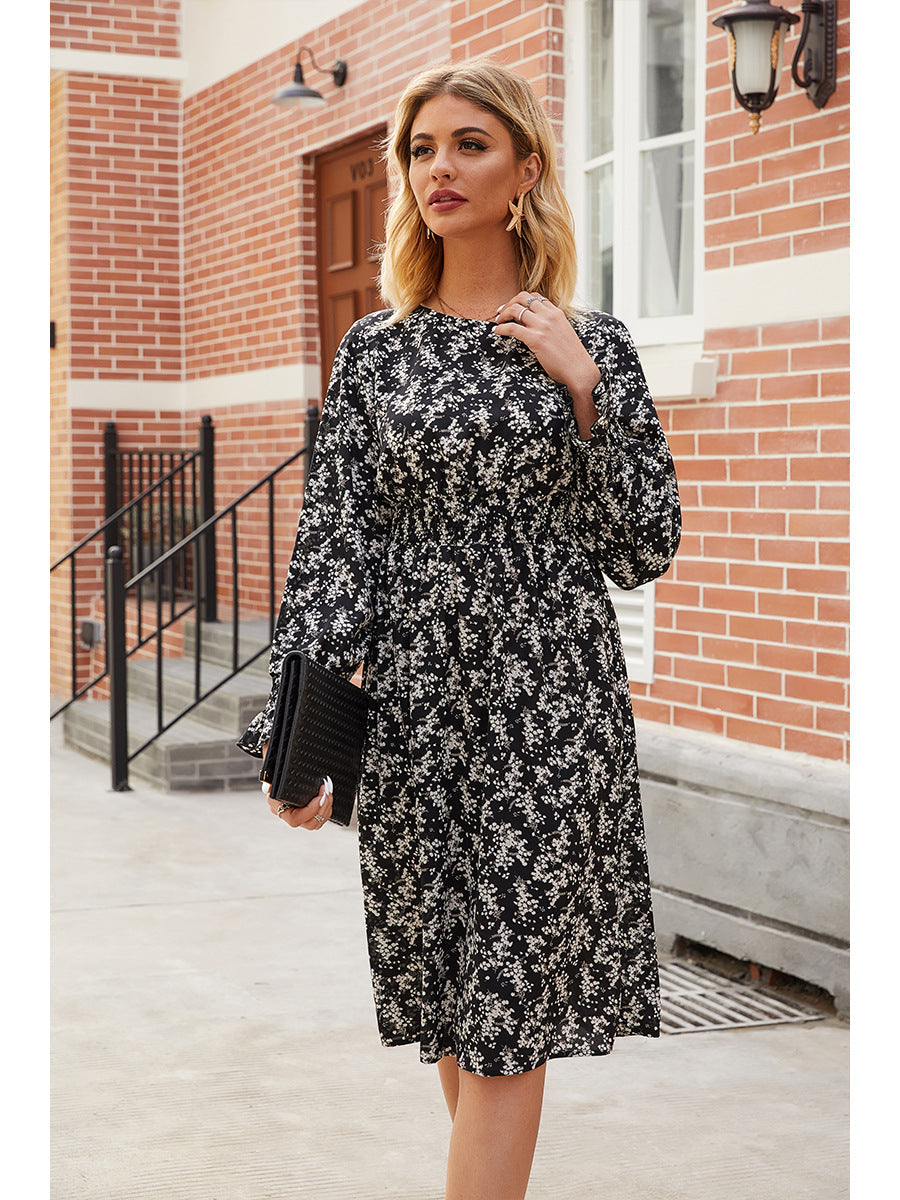 Crew Neck Smocked Waist Ditsy Floral Ruffle Cuff Midi Dress