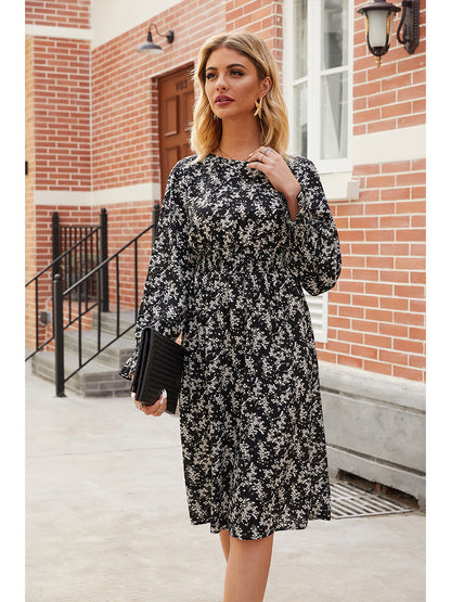 Crew Neck Smocked Waist Ditsy Floral Ruffle Cuff Midi Dress