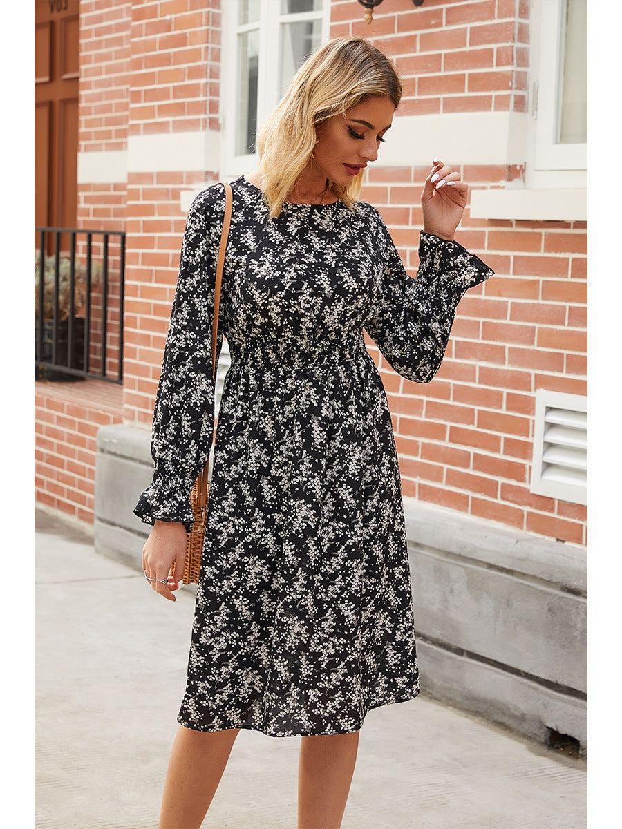 Crew Neck Smocked Waist Ditsy Floral Ruffle Cuff Midi Dress