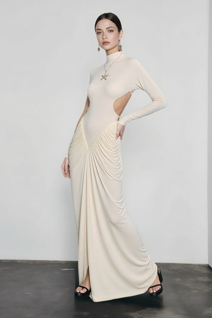 Mock Neck Long Sleeve Waist Cutout Draped Loop Maxi Dress