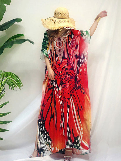 Spaghetti Strap Butterfly Print Tiered Ruffle Maxi Dress