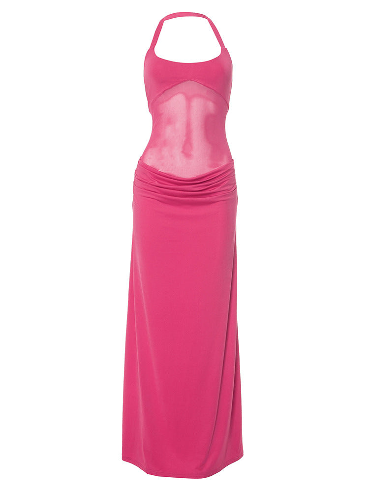 Halter Mesh Panel Midriff Ruched Waist Column Maxi Gown