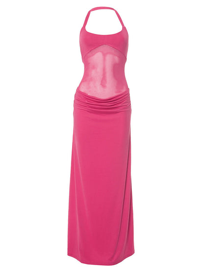 Halter Mesh Panel Midriff Ruched Waist Column Maxi Gown