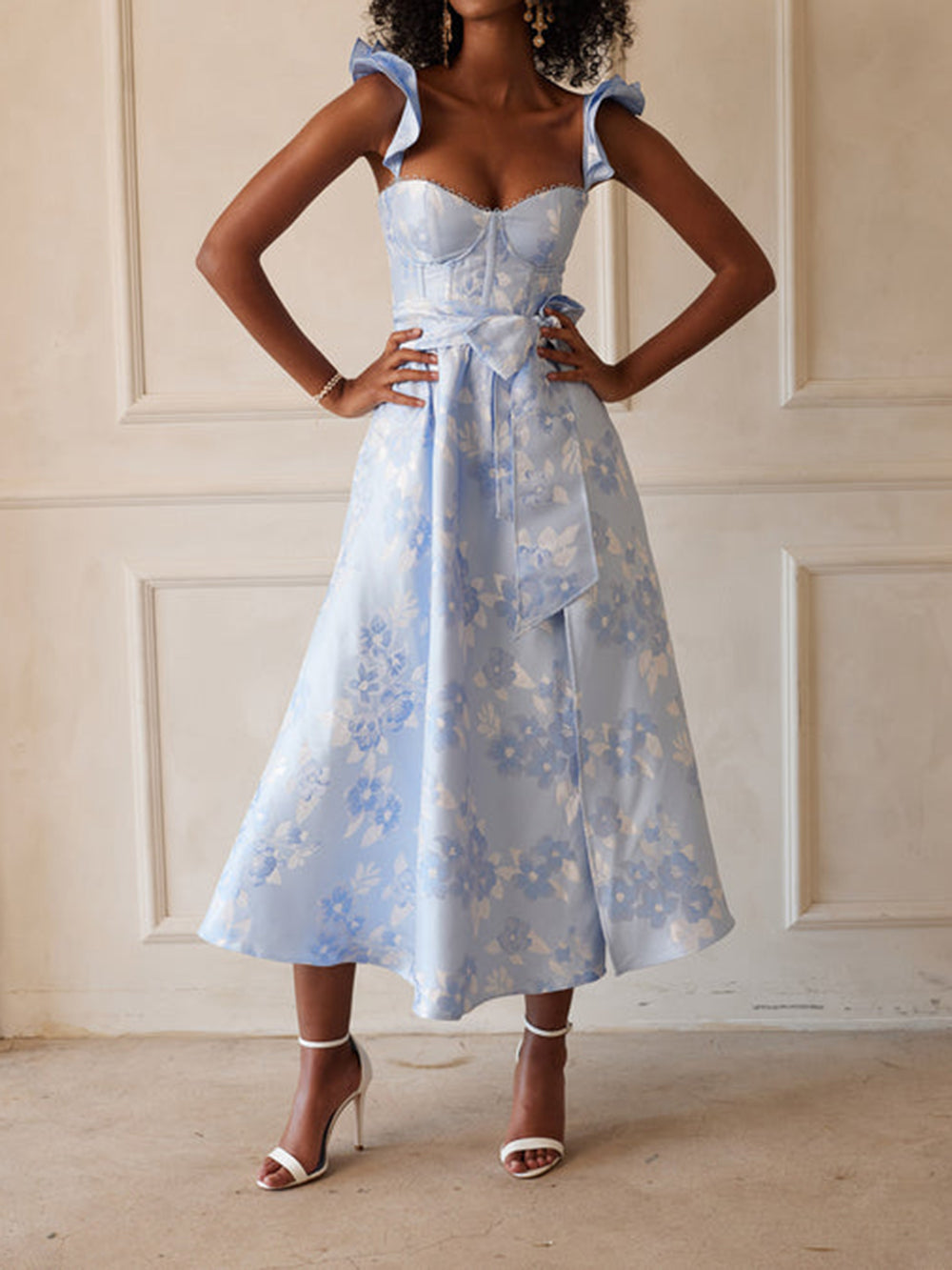Floral Jacquard Ruffle Strap Bow Waist High Slit Midi Dress