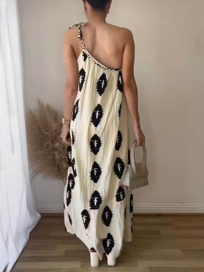 Ikat Diamond Print One Shoulder Draped Flowy Maxi Dress